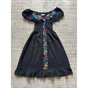 YZXDORWJ Midi Dress Womens Medium Black Floral Embroidered Smocked Boho Cotton